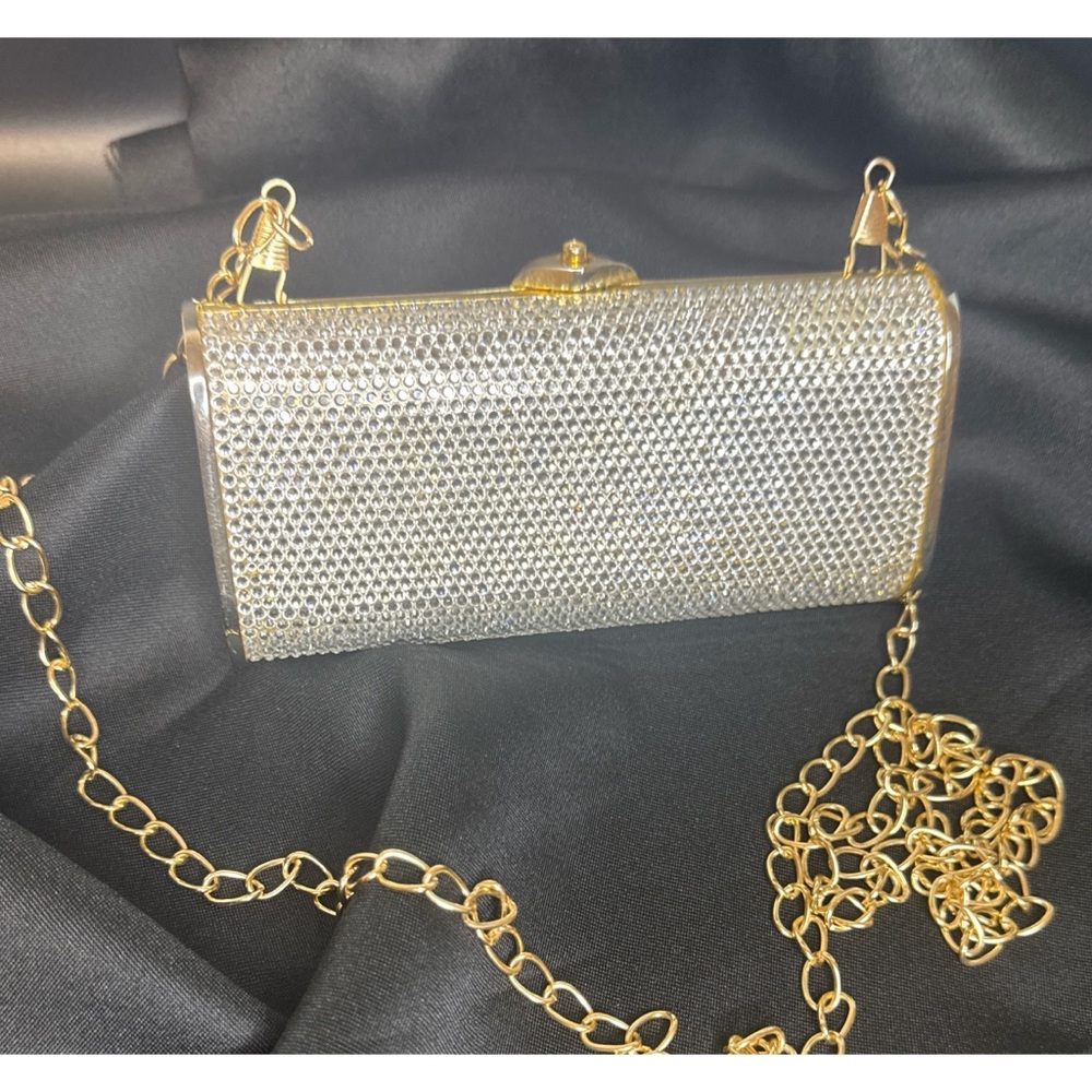 Judith Leiber Crystal Tube Minaudière Rhinestone Clutch Gold Chain Vintage Y2K